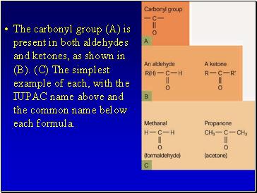 The carbonyl group (A) is present in both aldehydes and ketones, as shown in (B). (C) The simplest example of each, with the IUPAC name above and the common name below each formula.