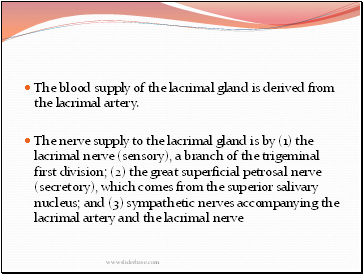 The blood supply of the lacrimal gland is derived from the lacrimal artery.