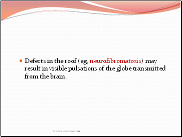 Defects in the roof (eg, neurofibromatosis) may result in visible pulsations of the globe transmitted from the brain.