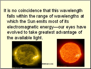 It is no coincidence that this wavelength falls within the range of wavelengths at which the Sun emits most of its electromagnetic energy梠ur eyes have evolved to take greatest advantage of the available light.