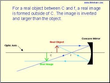 For a real object between f and the mirror, a virtual image is formed behind the mirror. The position of the image is found by tracing the reflected rays back behind the mirror to where they meet. The image is upright and larger than the object.