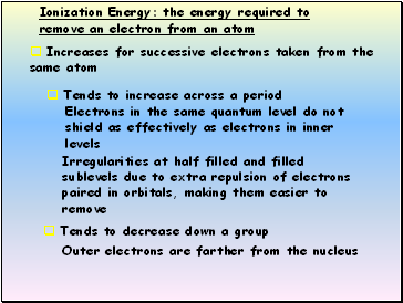 Ionization Energy: the energy required to remove an electron from an atom