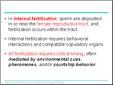 In internal fertilization, sperm are deposited in or near the female reproductive tract, and fertilization occurs within the tract.