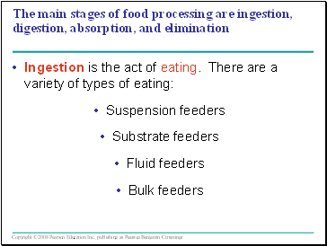 The main stages of food processing are ingestion, digestion, absorption, and elimination