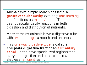 Animals with simple body plans have a gastrovascular cavity with only one opening that functions as mouth / anus. This gastrovascular cavity functions in both digestion and distribution of nutrients.