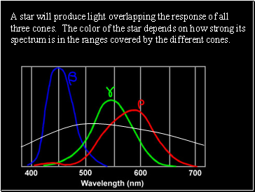 A star will produce light overlapping the response of all three cones. The color of the star depends on how strong its spectrum is in the ranges covered by the different cones.