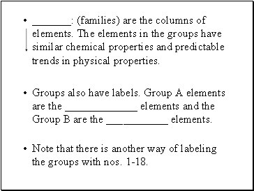 _: (families) are the columns of elements. The elements in the groups have similar chemical properties and predictable trends in physical properties.