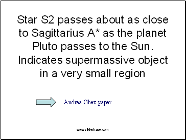 Star S2 passes about as close to Sagittarius A* as the planet Pluto passes to the Sun. Indicates supermassive object in a very small region