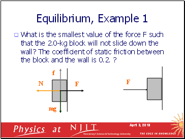 What is the smallest value of the force F such that the 2.0-kg block will not slide down the wall? The coefficient of static friction between the block and the wall is 0.2. ?