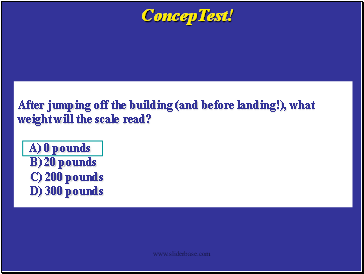 After jumping off the building (and before landing!), what weight will the scale read?