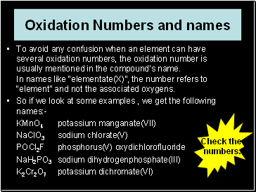 Oxidation Numbers and names