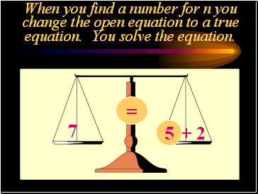 When you find a number for n you change the open equation to a true equation. You solve the equation.