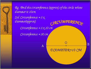 Eg. Find the circumference (approx) of the circle whose diameter is 10cm.
