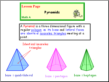 A Pyramid is a three dimensional figure with a regular polygon as its base and lateral faces are identical isosceles triangles meeting at a point.