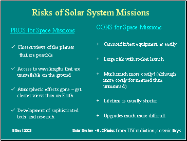 Risks of Solar System Missions