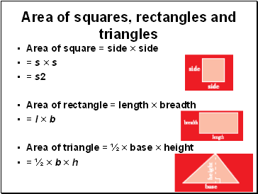 Area of squares, rectangles and triangles