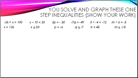 You solve and Graph these one step inequalities (show your work)