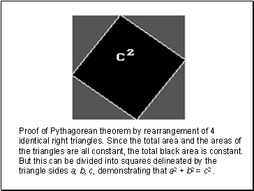 Proof of Pythagorean theorem by rearrangement of 4 identical right triangles. Since the total area and the areas of the triangles are all constant, the total black area is constant. But this can be divided into squares delineated by the triangle sides a, b, c, demonstrating that a2 + b2 = c2 .