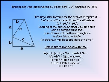 This proof was discovered by President J.A. Garfield in 1876 .