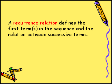 A recurrence relation defines the first term(s) in the sequence and the relation between successive terms.