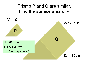 Prisms P and Q are similar. Find the surface area of P