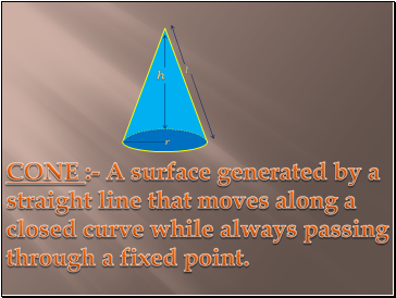 CONE :- A surface generated by a straight line that moves along a closed curve while always passing through a fixed point.