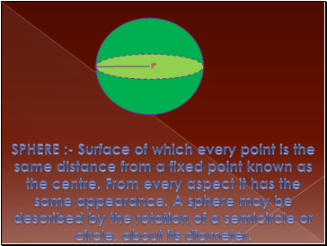 SPHERE :- Surface of which every point is the same distance from a fixed point known as the centre. From every aspect it has the same appearance. A sphere may be described by the rotation of a semicircle or circle, about its diameter.