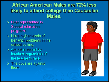African American Males are 72% less likely to attend college than Caucasian Males.