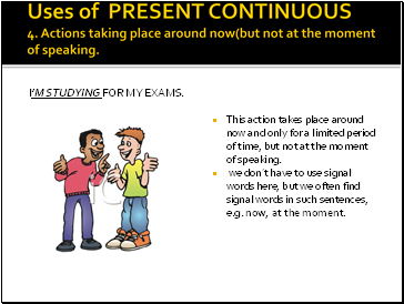 Uses of PRESENT CONTINUOUS 4. Actions taking place around now(but not at the moment of speaking.