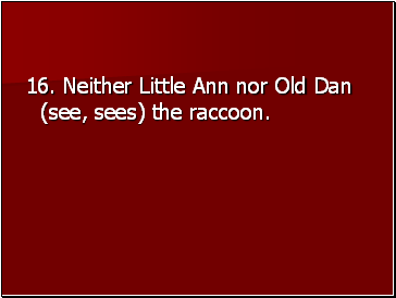 16. Neither Little Ann nor Old Dan (see, sees) the raccoon.