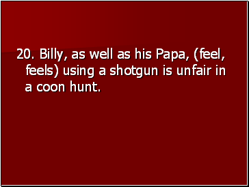 20. Billy, as well as his Papa, (feel, feels) using a shotgun is unfair in a coon hunt.
