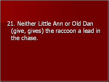 21. Neither Little Ann or Old Dan (give, gives) the raccoon a lead in the chase.