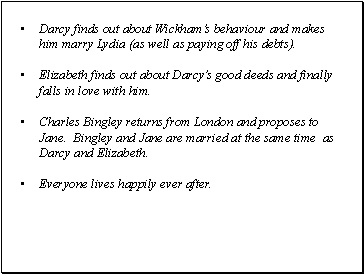 Darcy finds out about Wickhams behaviour and makes him marry Lydia (as well as paying off his debts).