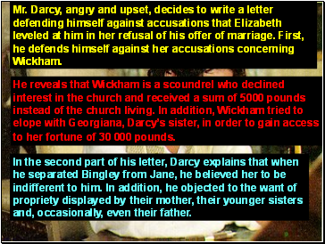 Mr. Darcy, angry and upset, decides to write a letter defending himself against accusations that Elizabeth leveled at him in her refusal of his offer of marriage. First, he defends himself against her accusations concerning Wickham.