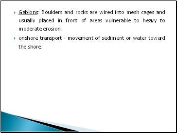 Gabions: Boulders and rocks are wired into mesh cages and usually placed in front of areas vulnerable to heavy to moderate erosion.