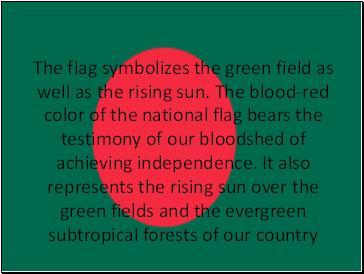 The flag symbolizes the green field as well as the rising sun. The blood-red color of the national flag bears the testimony of our bloodshed of achieving independence. It also represents the rising sun over the green fields and the evergreen subtropical forests of our country