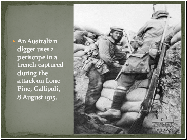 An Australian digger uses a periscope in a trench captured during the attack on Lone Pine, Gallipoli, 8 August 1915.