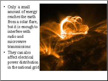 Only a small amount of energy reaches the earth from a solar flare, but it is enough to interfere with radio and microwave transmissions