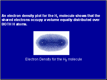 An electron density plot for the H2 molecule shows that the shared electrons occupy a volume equally distributed over BOTH H atoms.