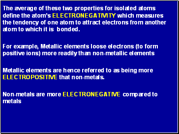 The average of these two properties for isolated atoms define the atoms ELECTRONEGATIVITY which measures the tendency of one atom to attract electrons from another atom to which it is bonded.