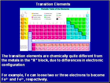 The transition elements are chemically quite different from the metals in the A block, due to differences in electronic configuration