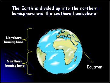 The Earth is divided up into the northern hemisphere and the southern hemisphere: