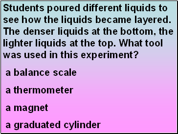 Students poured different liquids to see how the liquids became layered. The denser liquids at the bottom, the lighter liquids at the top. What tool was used in this experiment?