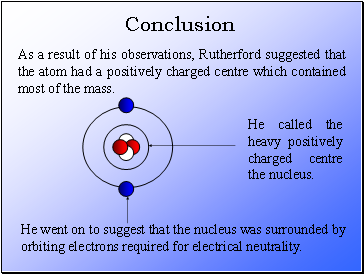 As a result of his observations, Rutherford suggested that the atom had a positively charged centre which contained most of the mass.