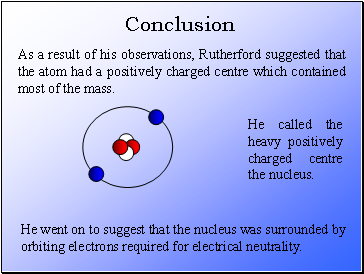 As a result of his observations, Rutherford suggested that the atom had a positively charged centre which contained most of the mass.