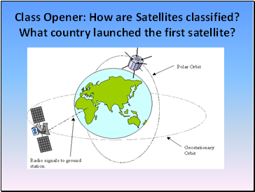 Class Opener: How are Satellites classified? What country launched the first satellite?