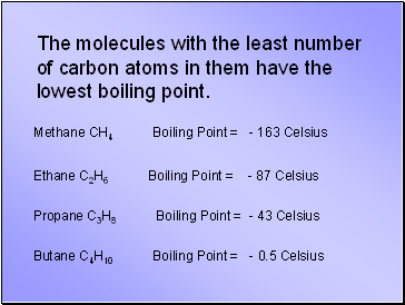 The molecules with the least number of carbon atoms in them have the lowest boiling point.