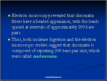 Electron microscopy revealed that chromatin fibers have a beaded appearance, with the beads spaced at intervals of approximately 200 base pairs.