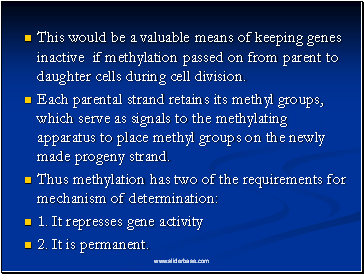 This would be a valuable means of keeping genes inactive if methylation passed on from parent to daughter cells during cell division.