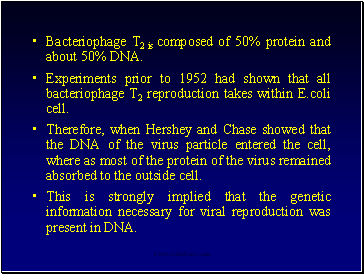 Bacteriophage T2 is composed of 50% protein and about 50% DNA.